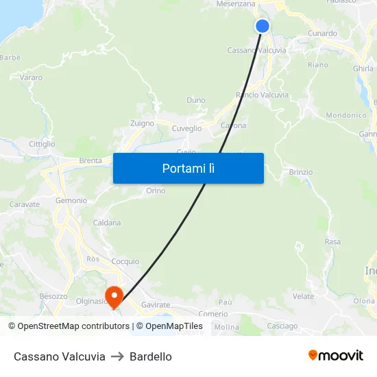 Cassano Valcuvia to Bardello map