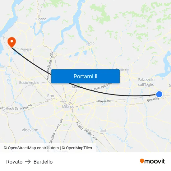 Rovato to Bardello map