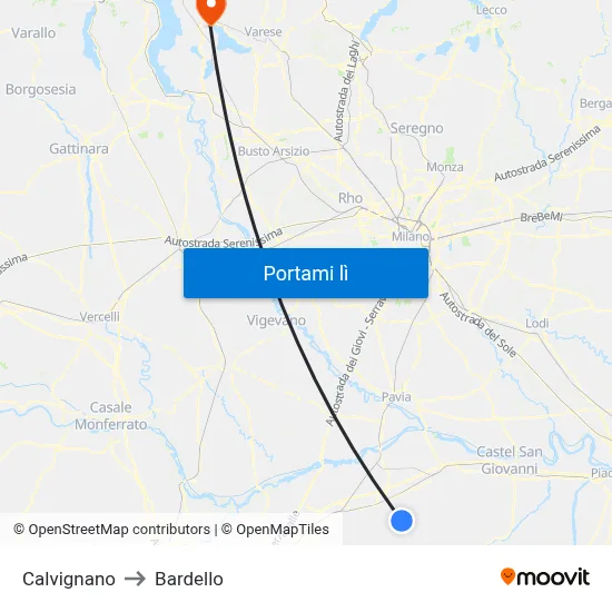 Calvignano to Bardello map