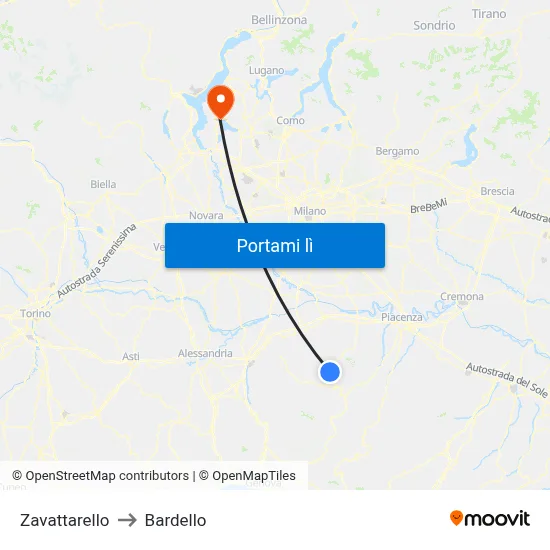 Zavattarello to Bardello map
