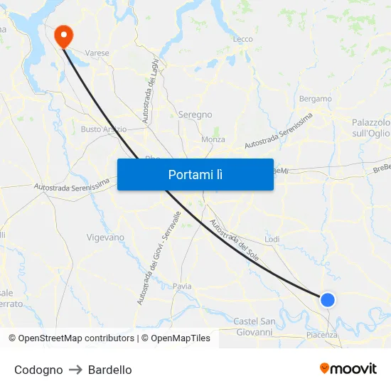 Codogno to Bardello map