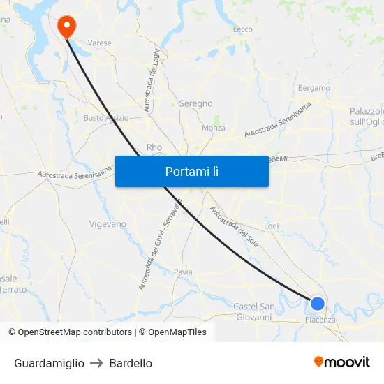 Guardamiglio to Bardello map