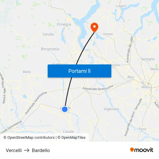 Vercelli to Bardello map