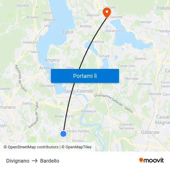 Divignano to Bardello map