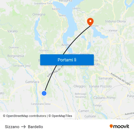 Sizzano to Bardello map