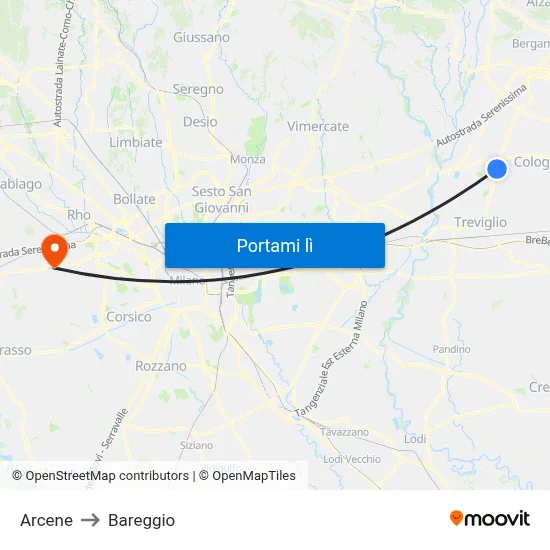 Arcene to Bareggio map