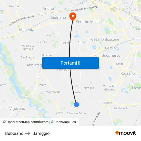 Bubbiano to Bareggio map