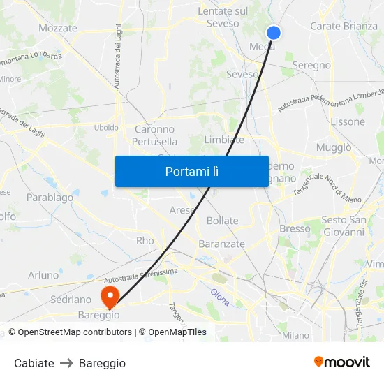 Cabiate to Bareggio map