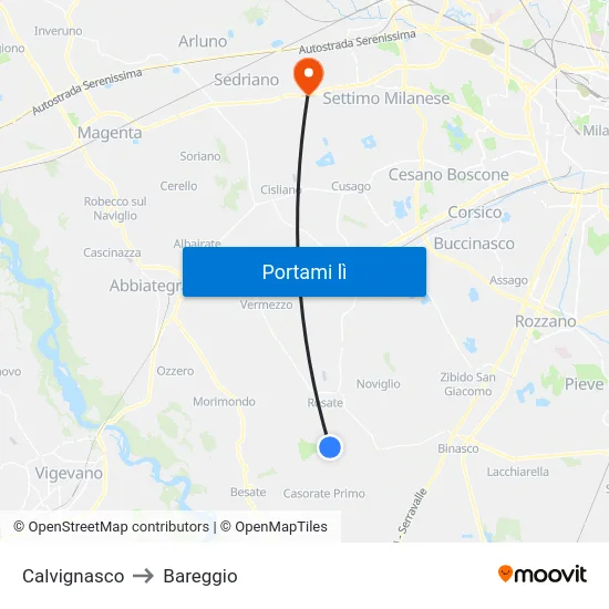 Calvignasco to Bareggio map