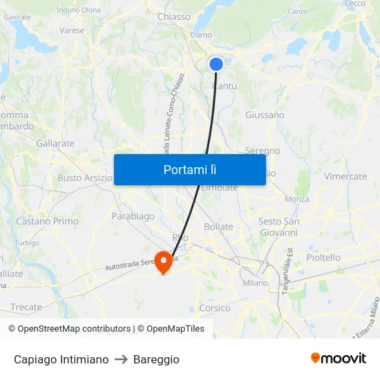 Capiago Intimiano to Bareggio map