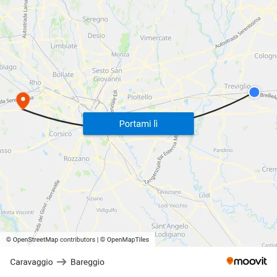 Caravaggio to Bareggio map