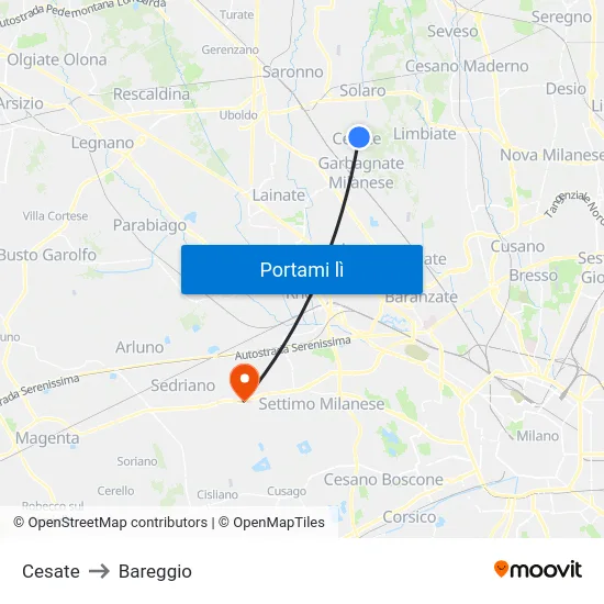 Cesate to Bareggio map