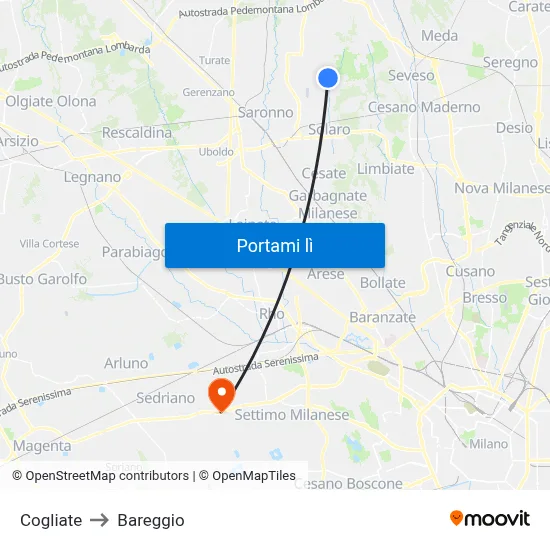Cogliate to Bareggio map
