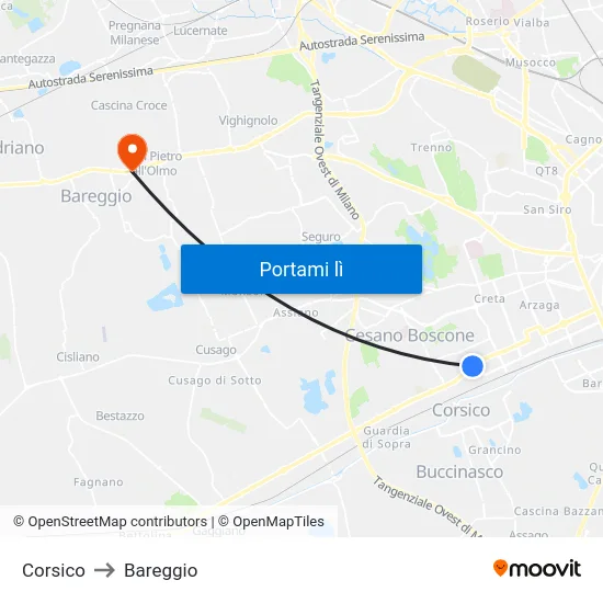 Corsico to Bareggio map