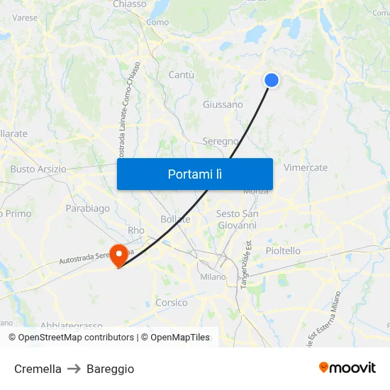 Cremella to Bareggio map