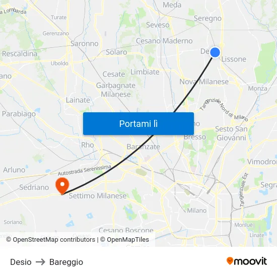 Desio to Bareggio map