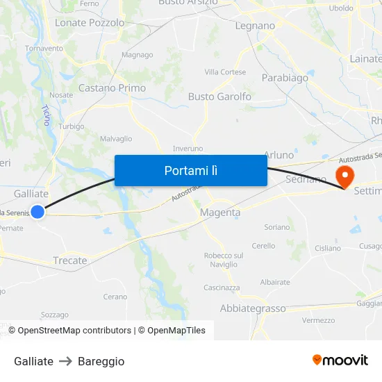 Galliate to Bareggio map