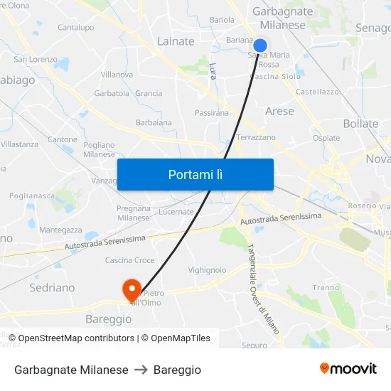 Garbagnate Milanese to Bareggio map