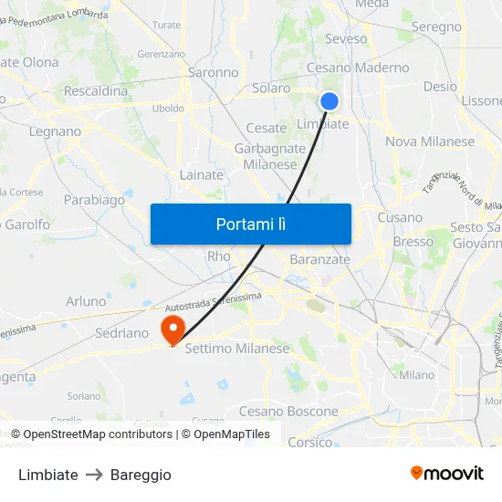Limbiate to Bareggio map
