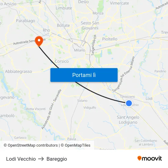 Lodi Vecchio to Bareggio map