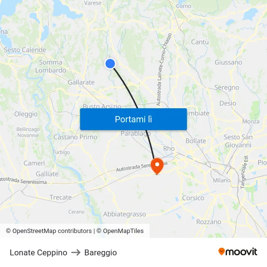 Lonate Ceppino to Bareggio map