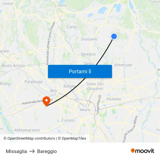 Missaglia to Bareggio map