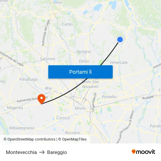 Montevecchia to Bareggio map