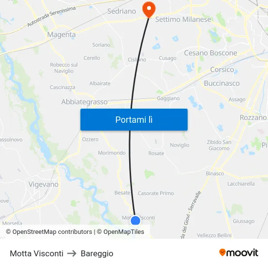 Motta Visconti to Bareggio map