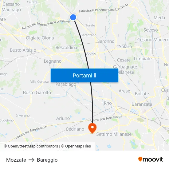 Mozzate to Bareggio map