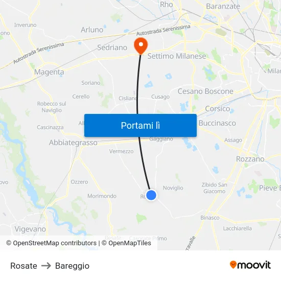 Rosate to Bareggio map