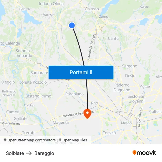 Solbiate to Bareggio map