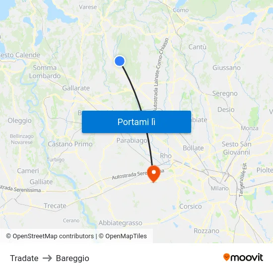 Tradate to Bareggio map