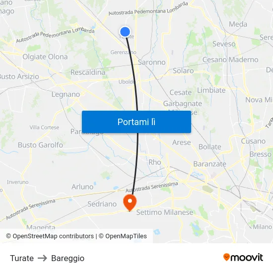 Turate to Bareggio map