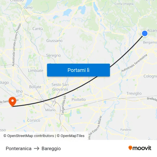 Ponteranica to Bareggio map