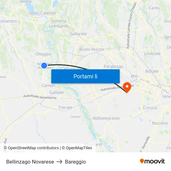 Bellinzago Novarese to Bareggio map