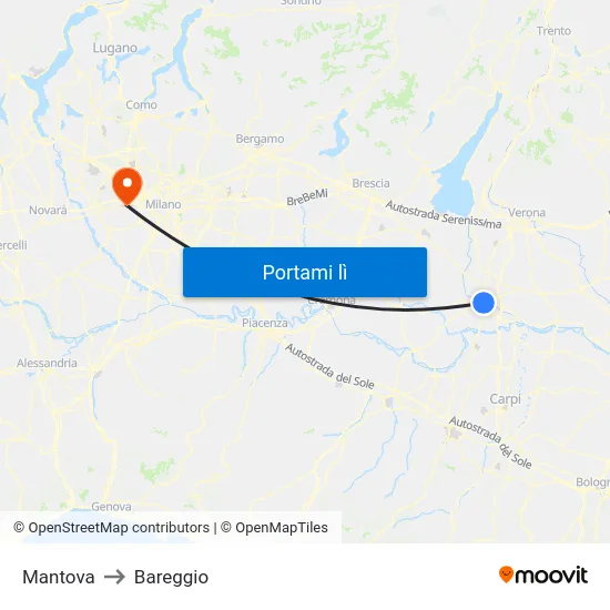 Mantova to Bareggio map