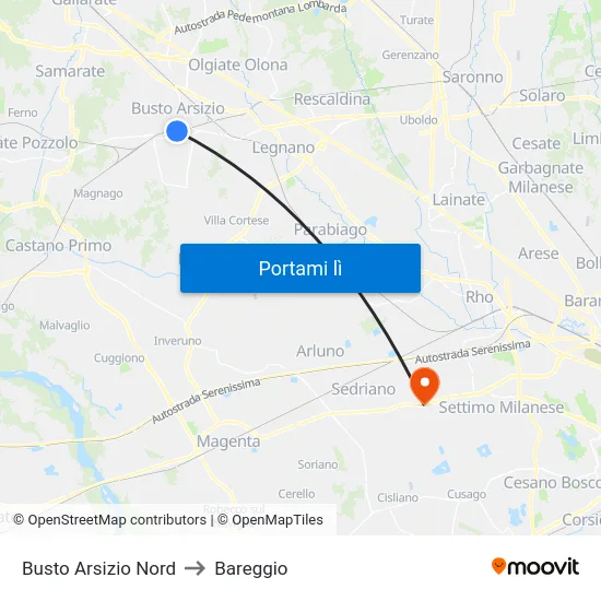 Busto Arsizio Nord to Bareggio map