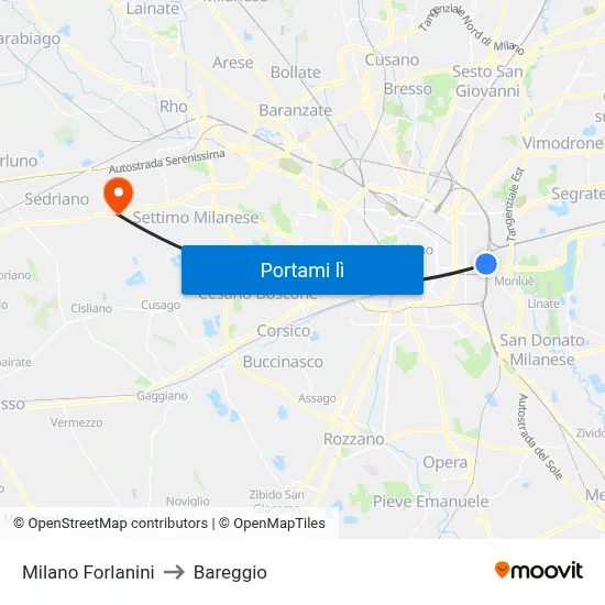 Milano Forlanini to Bareggio map