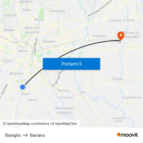 Basiglio to Bariano map