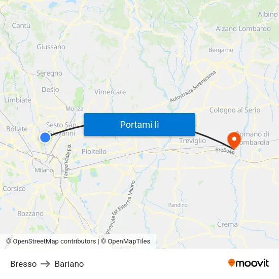 Bresso to Bariano map