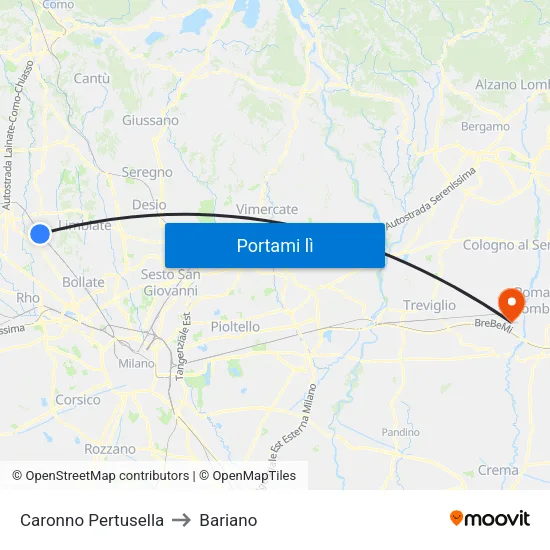 Caronno Pertusella to Bariano map