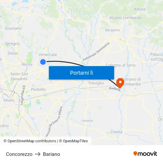 Concorezzo to Bariano map