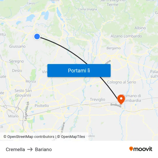 Cremella to Bariano map