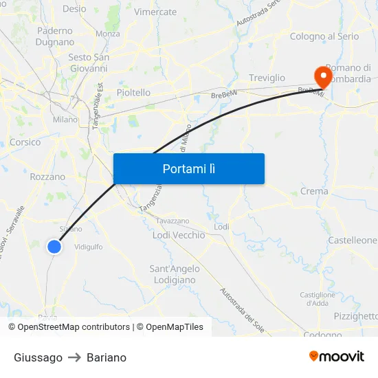 Giussago to Bariano map
