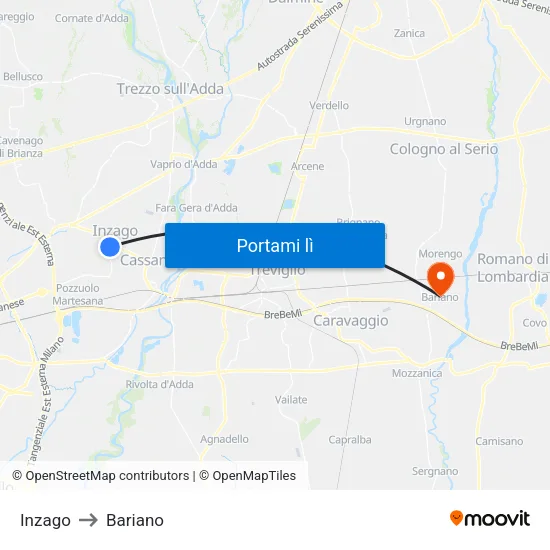 Inzago to Bariano map