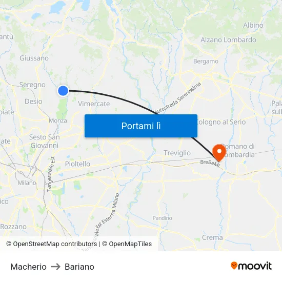 Macherio to Bariano map