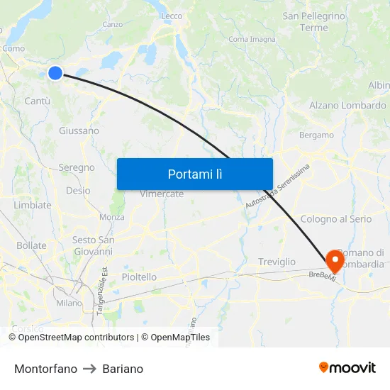 Montorfano to Bariano map