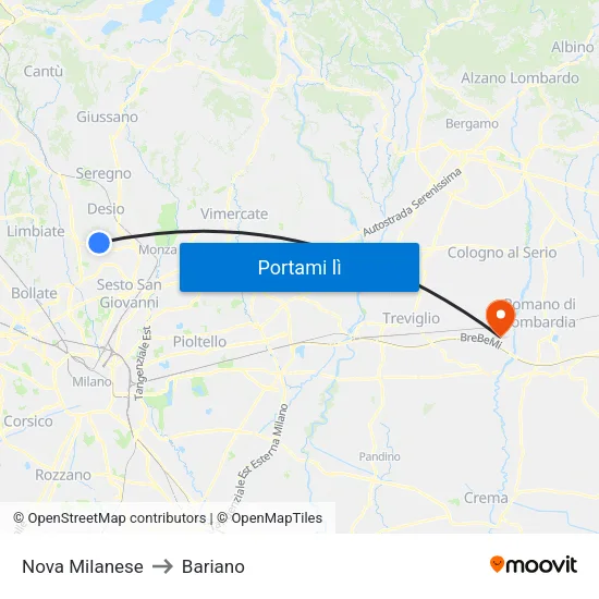 Nova Milanese to Bariano map