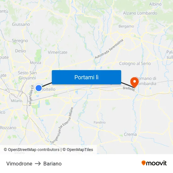 Vimodrone to Bariano map