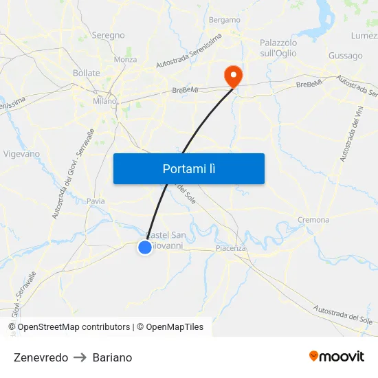 Zenevredo to Bariano map